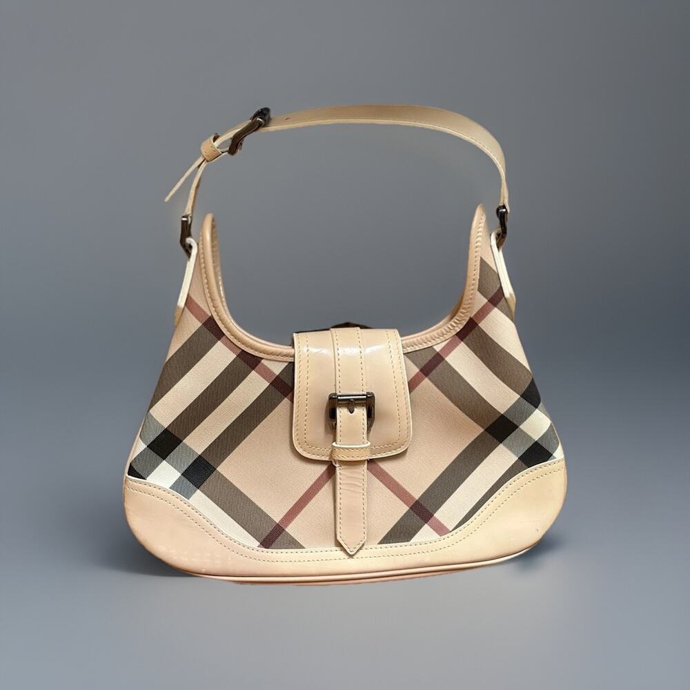 Authenticated Burberry Brooke Hobo Nova Check With White Cream Patent Leather